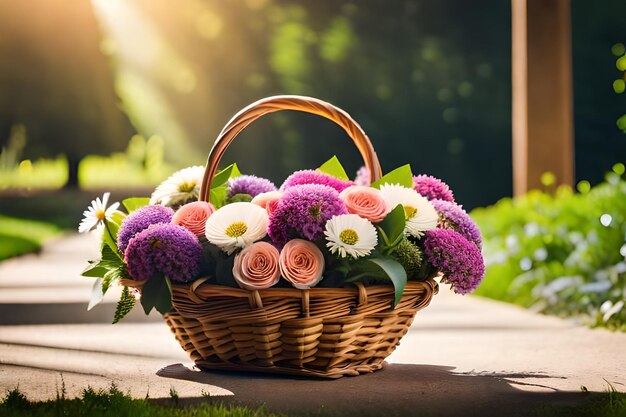 een mand met bloemen met een mand met bloemen op de achtergrond van een zonsondergang.