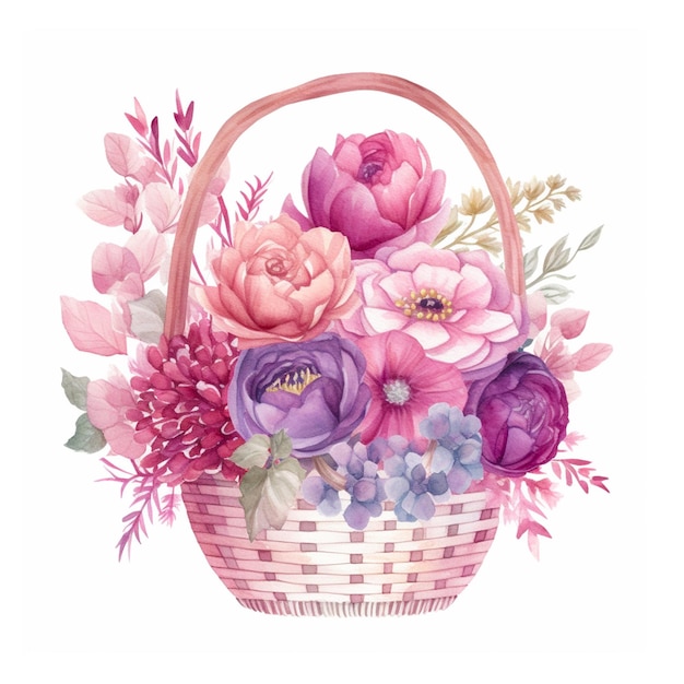 Een mand met bloemen met een roze handvat en een roze mand met een roze handvat.
