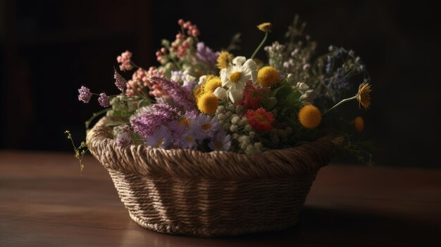 Een mand met bloemen op een tafel met een donkere achtergrond