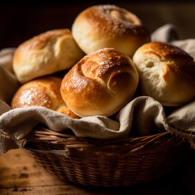 Een mand met brood met een doek waarop "brood" staat.