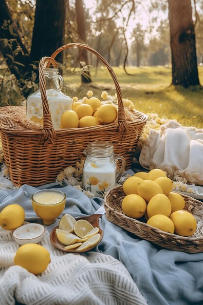 Een mand met citroenen en een fles citroensap liggen op een deken in een park.