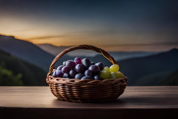 Foto een mand met druiven en druiven op een tafel.