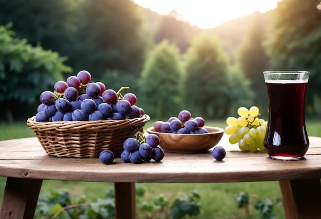 Foto een mand met druiven en een mand met druiven op een tafel met een fles wijn