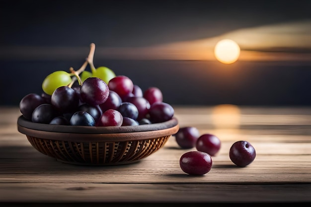 Foto een mand met druiven met daarachter een zon.