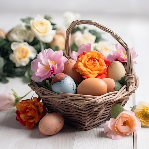 Een mand met eieren en bloemen met een roos aan de zijkant.