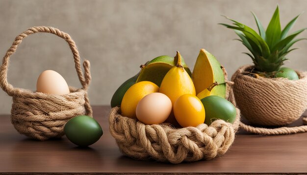 een mand met eieren en een mand met fruit op een tafel