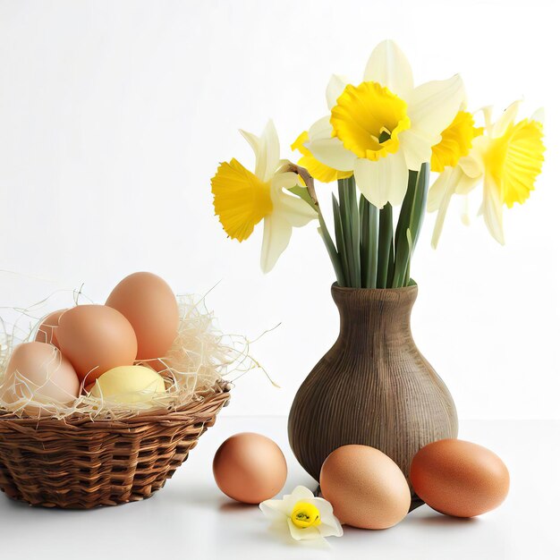 Een mand met eieren en een vaas met narcissen op een witte achtergrond.