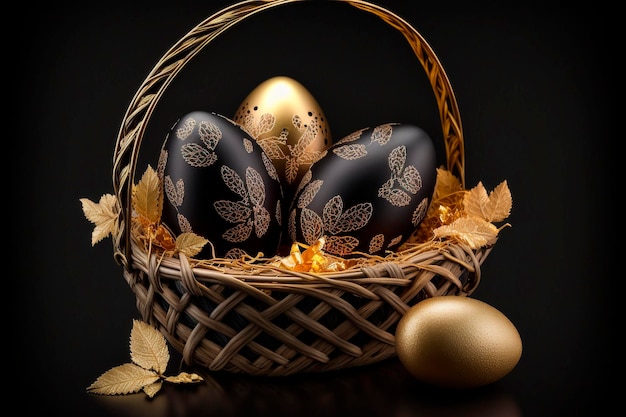 Een mand met eieren met bladgoud op een zwarte achtergrond