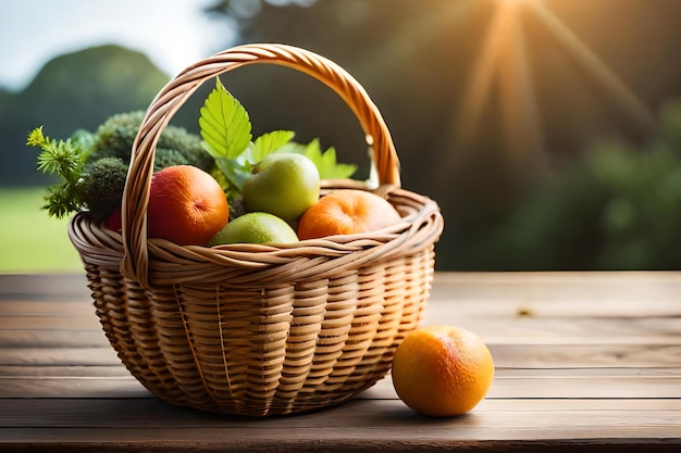 Een mand met groenten en fruit op tafel