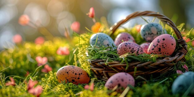 Een mand met kleurrijke eieren op een weelderig groen veld