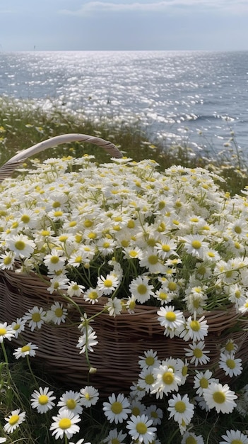 Een mand met madeliefjes staat op het gras naast het water.