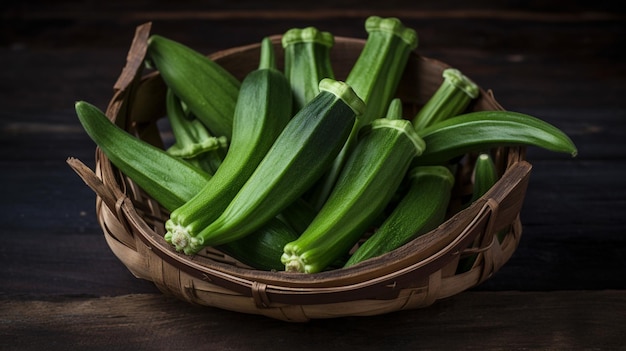 Een mand met okra staat op een tafel met een doos eten.