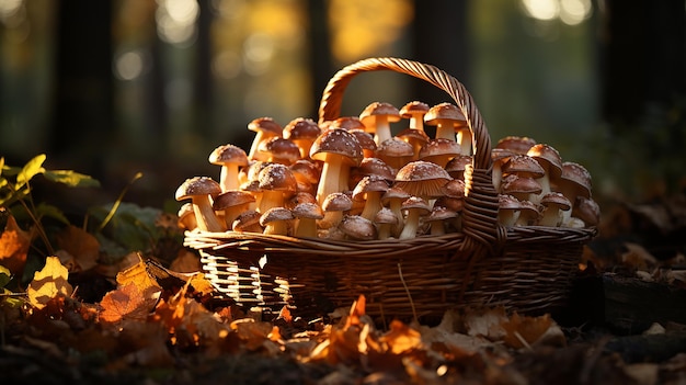 een mand met paddenstoelen in het bos