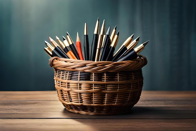 Een mand met potloden op een houten tafel