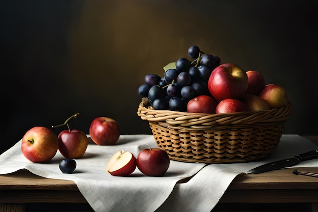 Een mand met pruimen en appels op een tafel