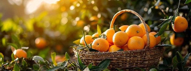 een mand met rijpe sinaasappels in de tuin