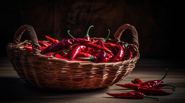 Een mand met rode chilipepers staat op een houten tafel.