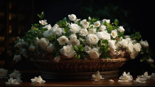 Een mand met witte bloemen op een tafel