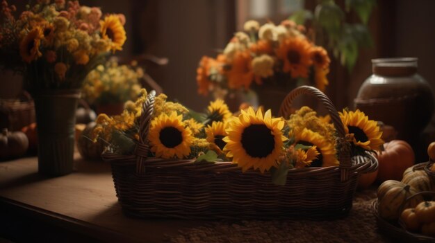Een mand met zonnebloemen staat op een tafel in een donkere kamer.
