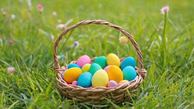 Een mand vol gekleurde eieren op een weelderig groen veld