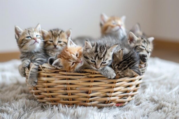 Een mand vol kittens zit op een wit tapijt.