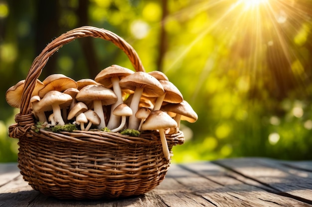 Een mand vol paddenstoelen zit op een houten tafel in het zonlicht.