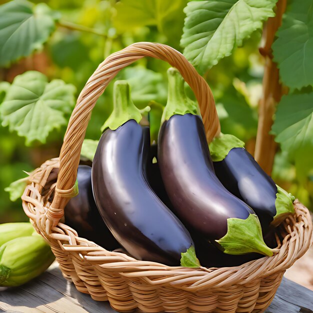 een mandje aubergine met een bos blauwe aubergines