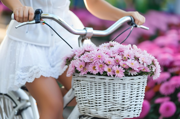 een mandje bloemen is op een fiets met een vrouw die op een fiets rijdt