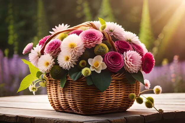 een mandje bloemen met een achtergrond van bomen en een hemel