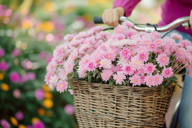 een mandje bloemen met een meisje op een fiets