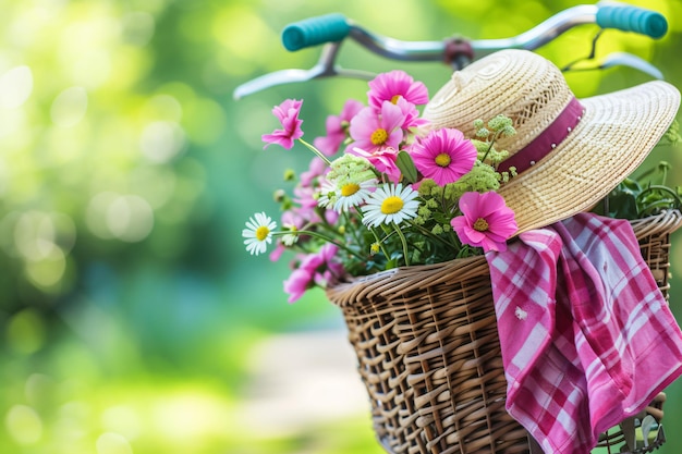 een mandje bloemen met een strohoed op een fiets