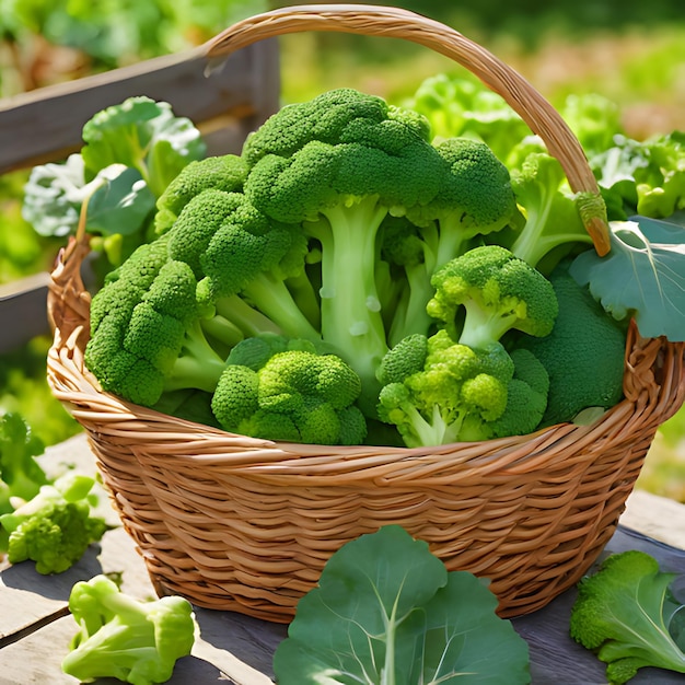 Een mandje broccoli staat op een houten tafel.