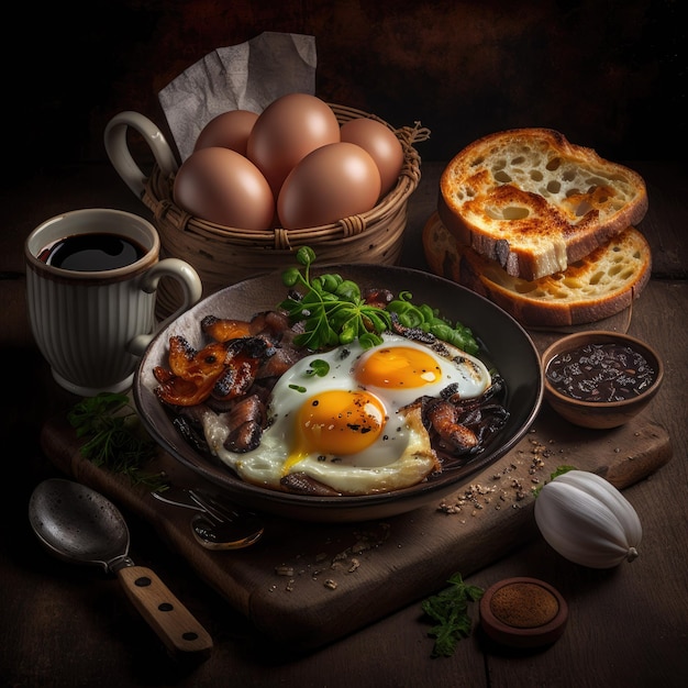 Een mandje brood en eieren met een mandje brood aan de zijkant.