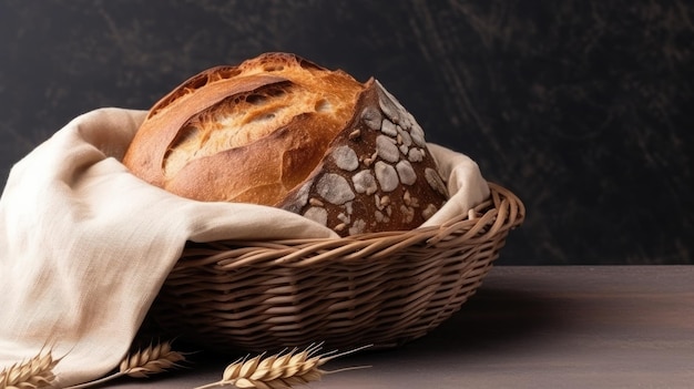 Een mandje brood met tarweoren op tafel