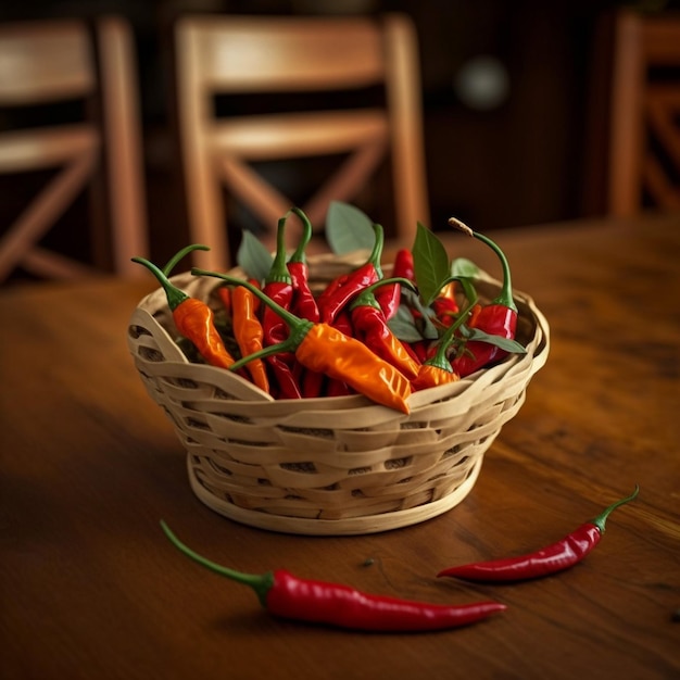 Een mandje chilipepers staat op een tafel met daarachter twee stoelen.