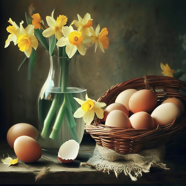 Een mandje eieren en een vaas met narcissen. Paas stillleven in rustieke stijl.