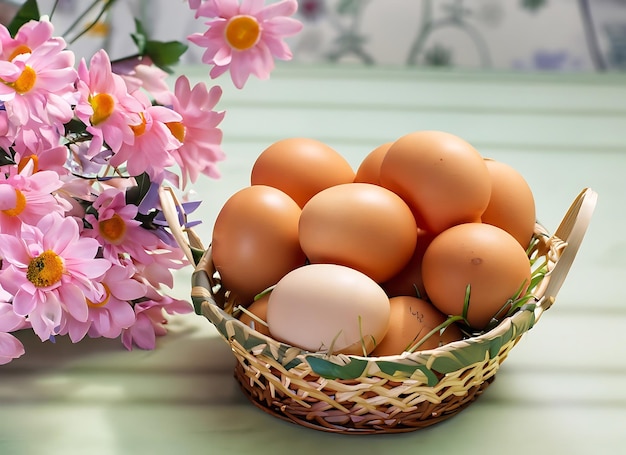 Een mandje eieren op een tafel met een bloemen achtergrond