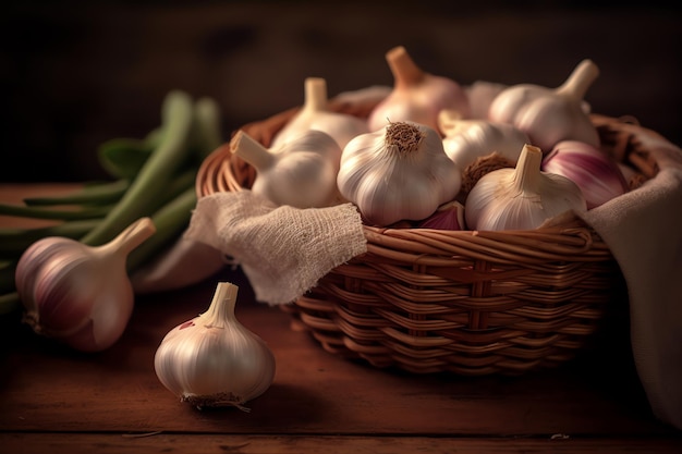 Een mandje knoflook staat op een tafel met sperziebonen.