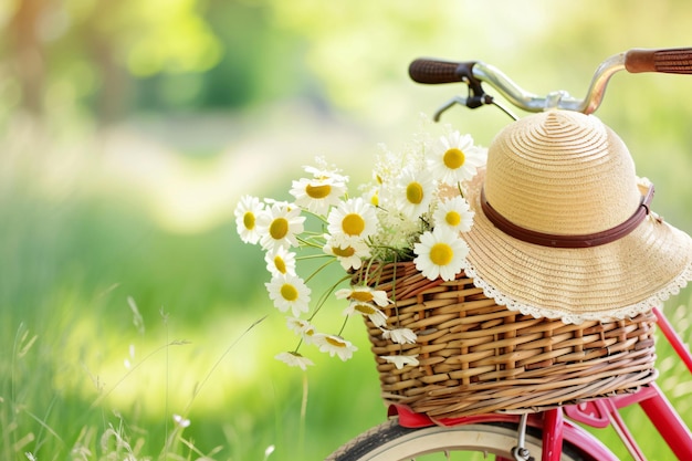 een mandje madeliefjes zit op een fiets met een strohoed erop