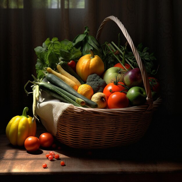 een mandje met groenten, waaronder een mandj met groenten en tomaten.