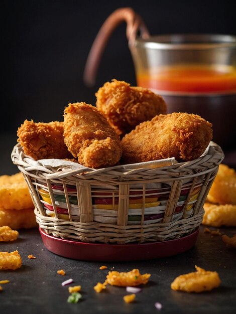 Een mandje met knapperige kippennuggets.