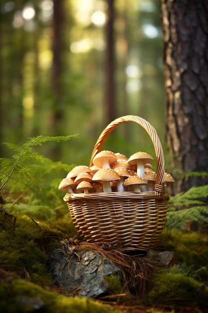 Een mandje met paddenstoelen Het concept van het verzamelen van paddenstokken buiten in het bos AI Generatieve AI