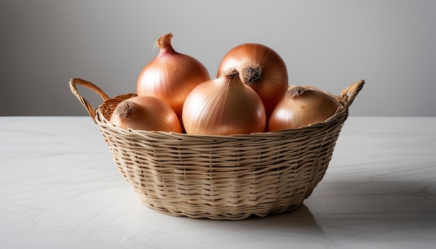 Een mandje uien op een tafel.