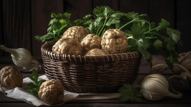 Een mandje walnoten met een witte pompoen op tafel