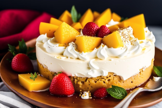 Een mango cheesecake met mango erop