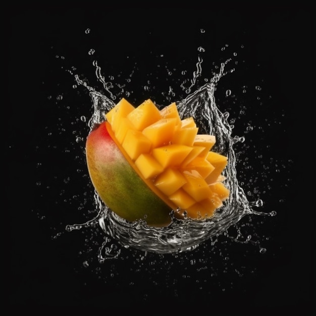 Een mango valt in een waterplons