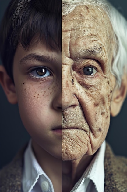 Een mannelijk gezicht verdeeld in twee jonge jongen n bejaarde 80 jaar oude man Dezelfde persoon oud en jong