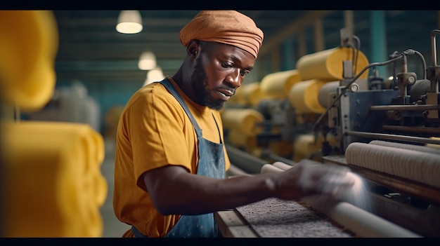 Een mannelijke Afrikaanse fabrikant die aan de productielijn werkt bij een plastic zakmachine in een fabrieksinstallatie