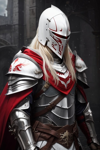 Een mannelijke albino-ridder met lang haar, gekleed in een zwaar pantser met een rode kap en lange zwaarden