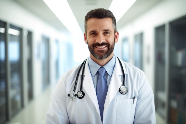 Een mannelijke arts in een labjas en stethoscoop met gevouwen armen die in de gang van het ziekenhuis staat